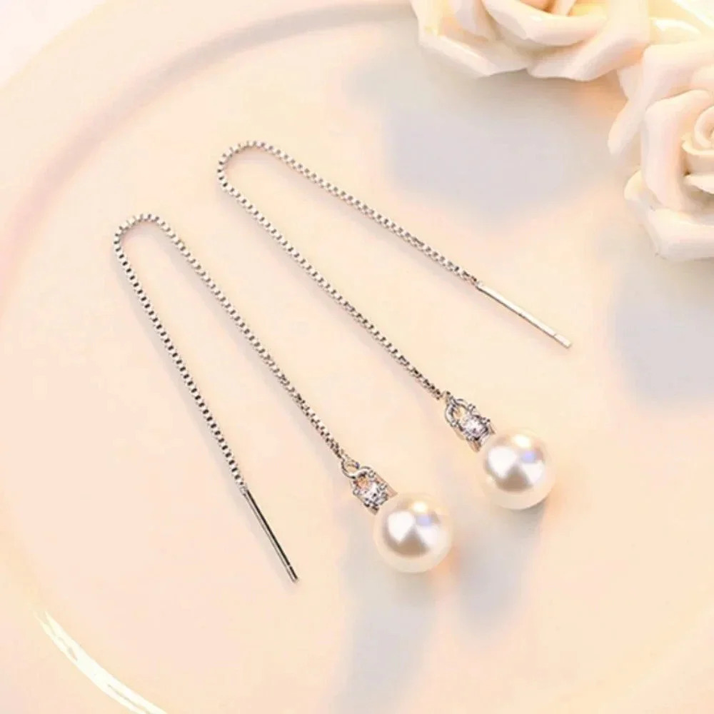 925 Sterling Silver Diamond Pearl Threader Earrings Dangle Drop Pearl Earrings